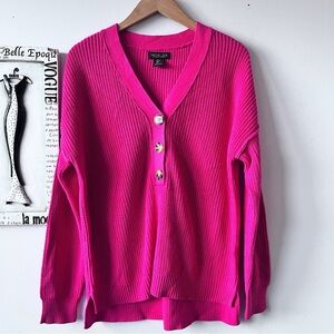 Rachel Zoe Fuchsia Pink Quarter Button Women's V-neck Cozy Knit Sweater Size S